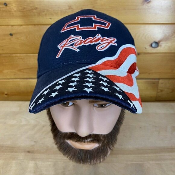 Chevrolet Chevy Bow Tie Racing USA Flag Hat Patriotic! Embroidered Cap Black - Picture 2 of 7